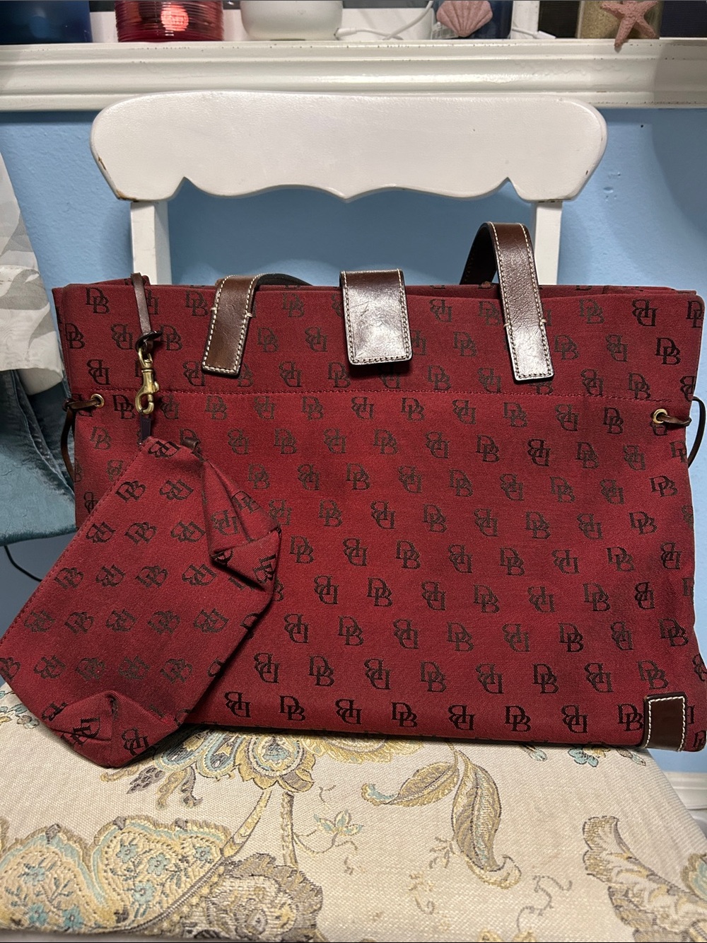 Dooney & Bourke Burgundy Logo Tote with Brown Leather Trim